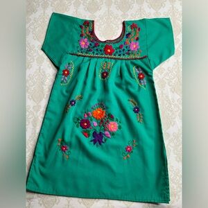 Green Hand-Embroidered Mexican Puebla Dress Toddler 3T/4T